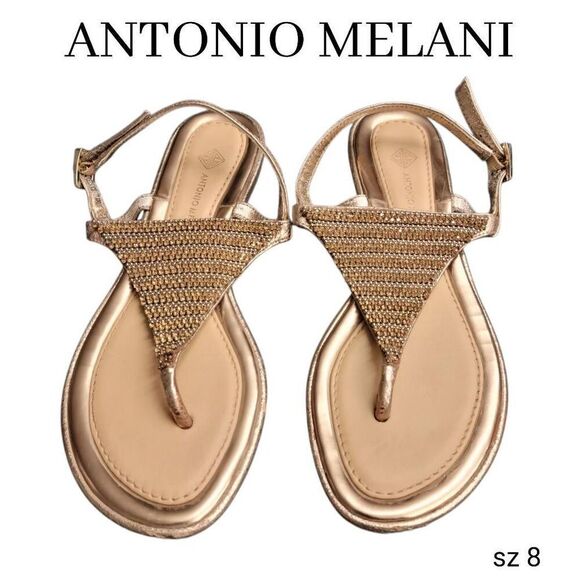 Sandals Gold Rhinestones And Studs Leather Flip Flops Antonio Melani Shoes - Picture 1 of 9